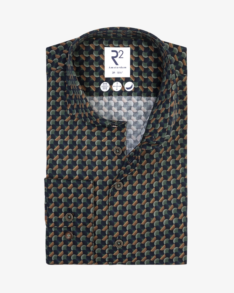 R2 Retro Print Skjorte Modern Fit Grøn