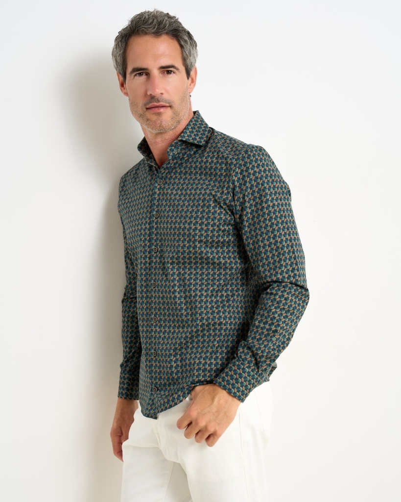 R2 Retro Print Skjorte Modern Fit Grøn