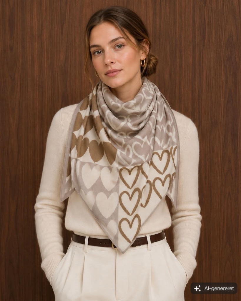 Tørklæde M/Hjerter Beige/Camel
